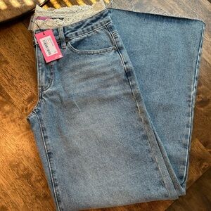 Edikted Light Blue Wide Leg Jeans with Lace Accent